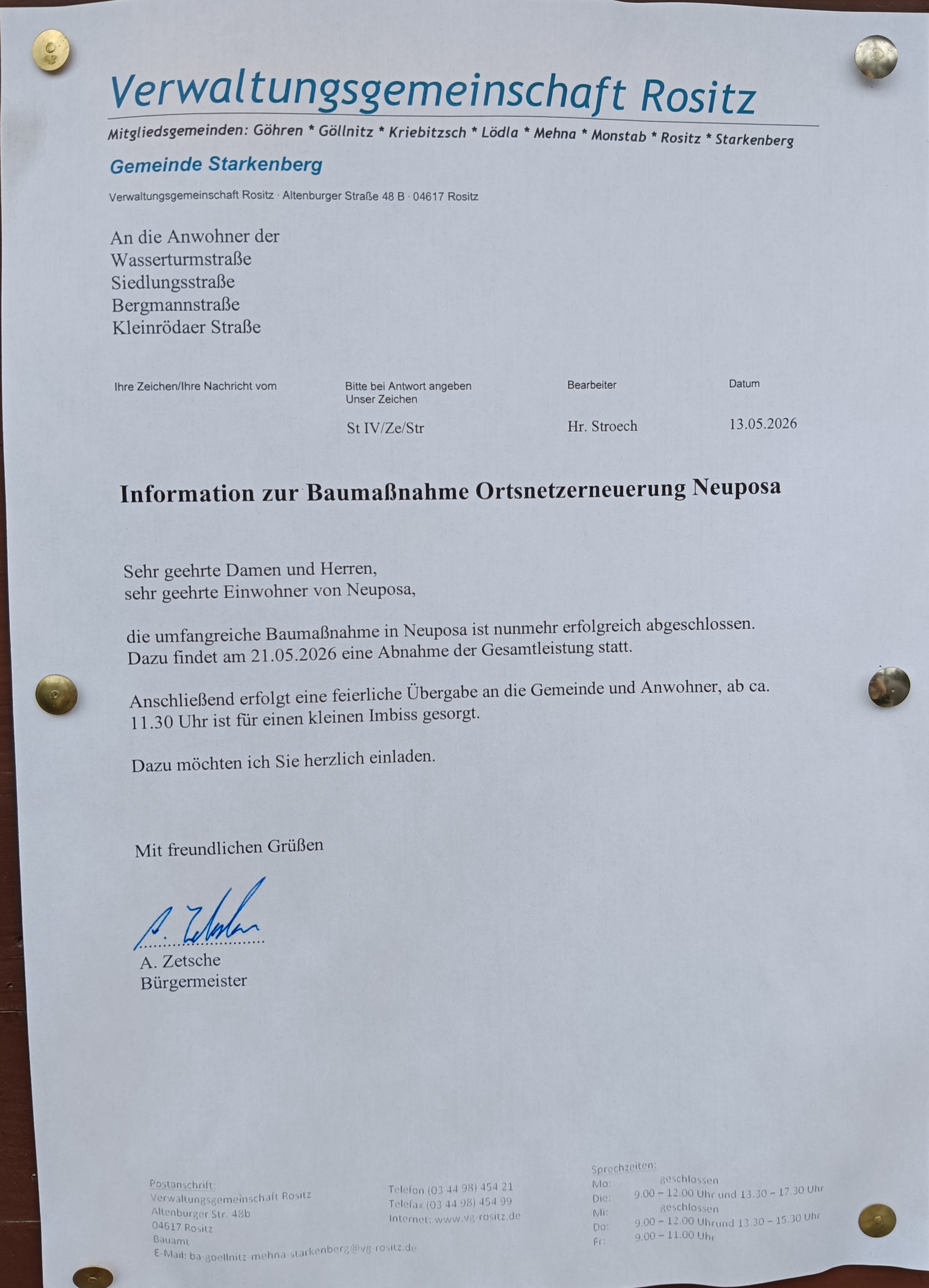 Aushang Bauabnahme Neuposa