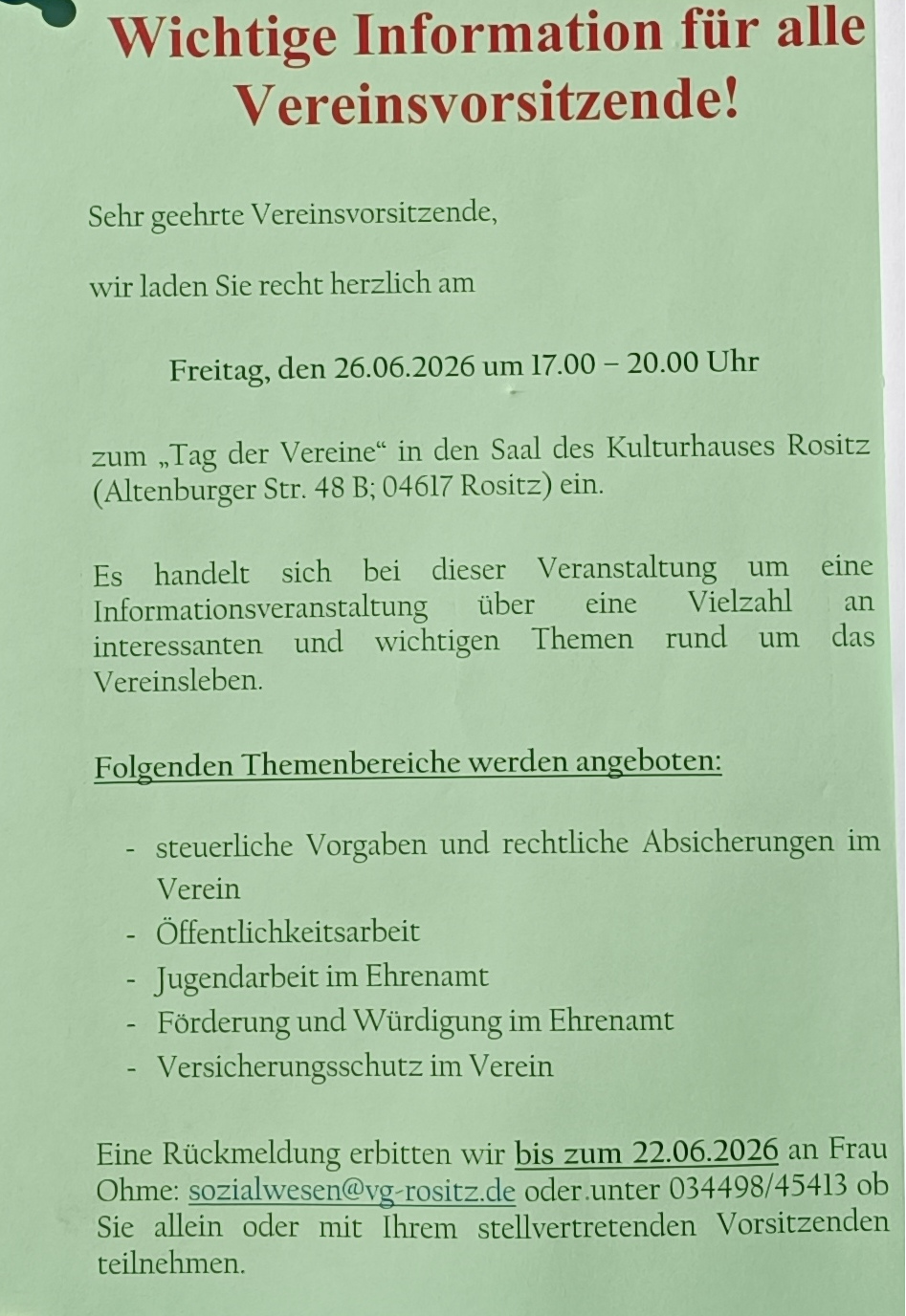 Aushang Tag der Vereine