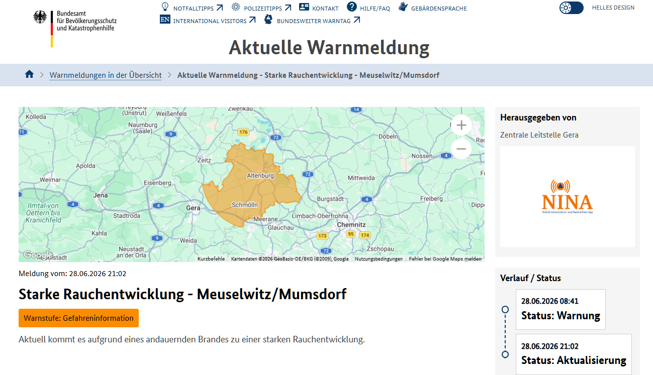 Screenshot der amtlichen Warnmeldung Starke Rauchentwicklung Meuselwitz/Mumsdorf