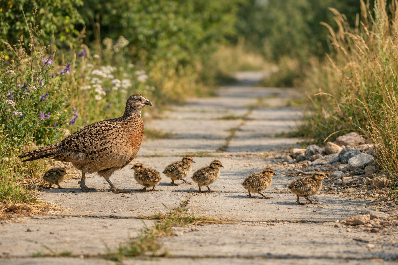 Fasanhenne mit Küken am Plattenweg